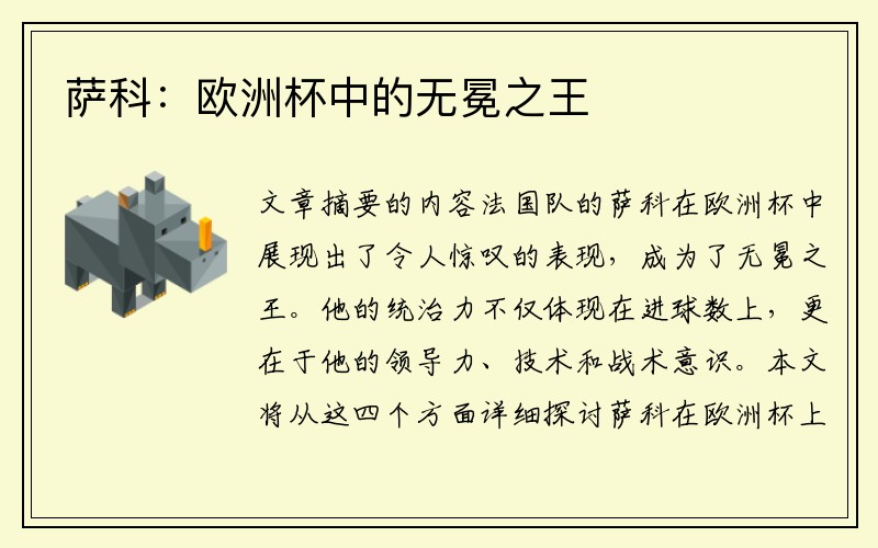 萨科：欧洲杯中的无冕之王