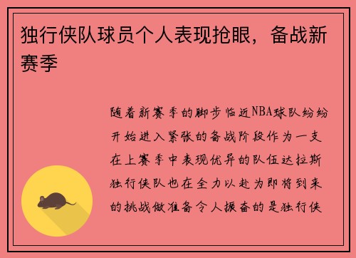 独行侠队球员个人表现抢眼，备战新赛季