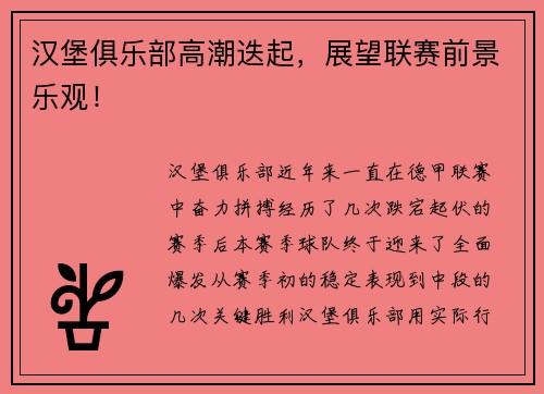 汉堡俱乐部高潮迭起，展望联赛前景乐观！